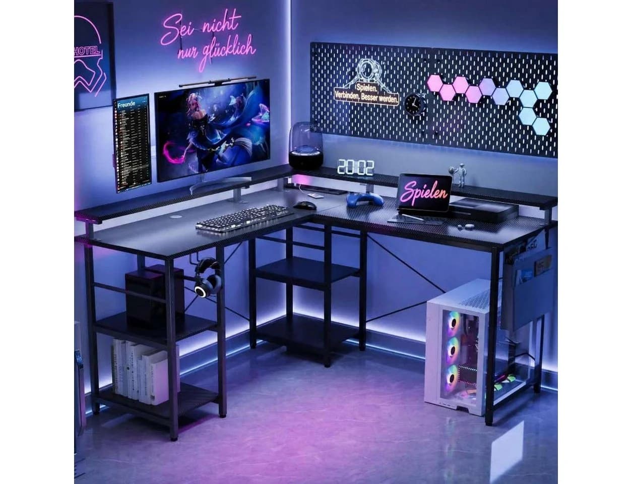 Aiorber Cabrio L-Schreibtisch Schwarz mit RGB LED und Stauraum