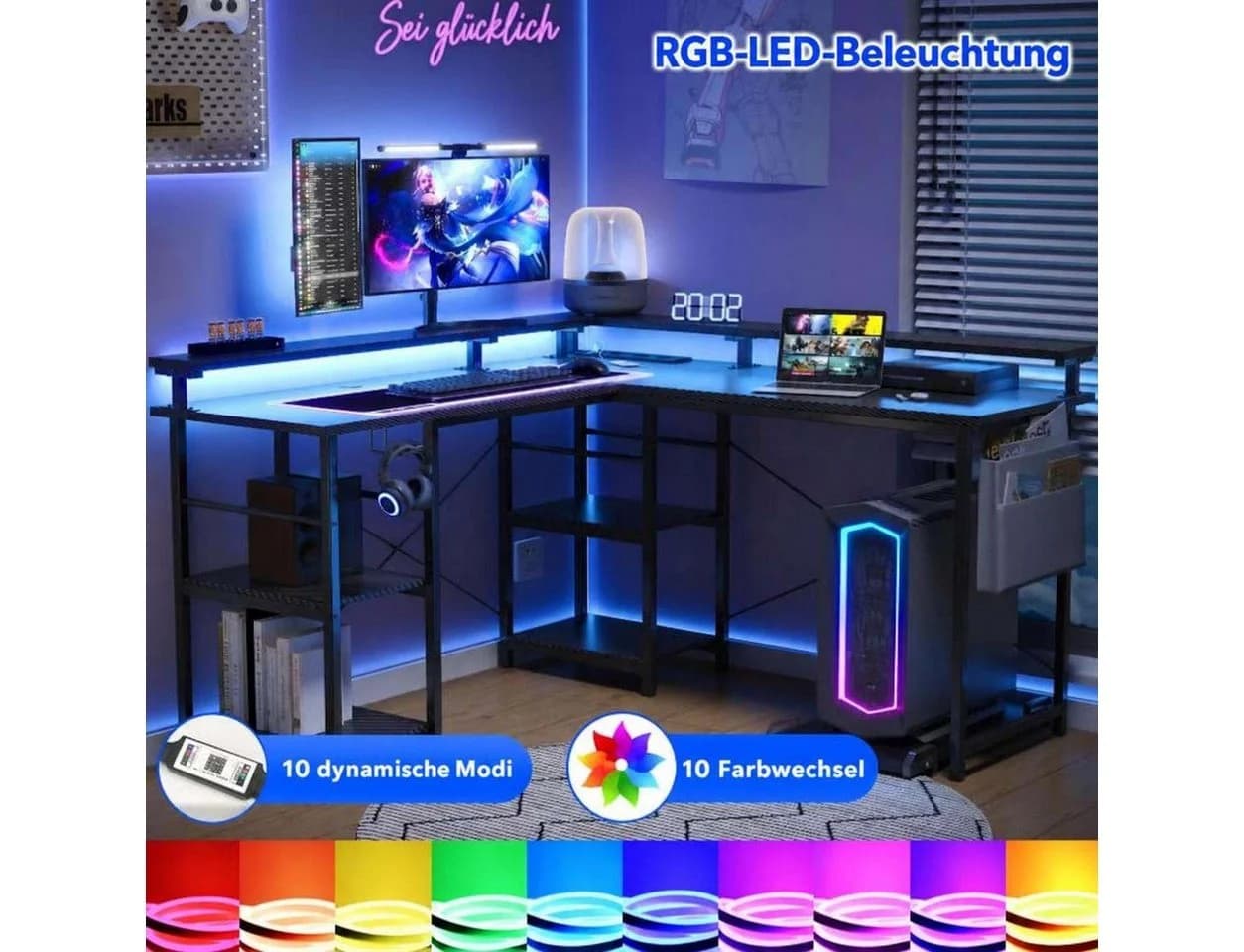 Aiorber Cabrio L-Schreibtisch Schwarz mit RGB LED und Stauraum - Bild 5