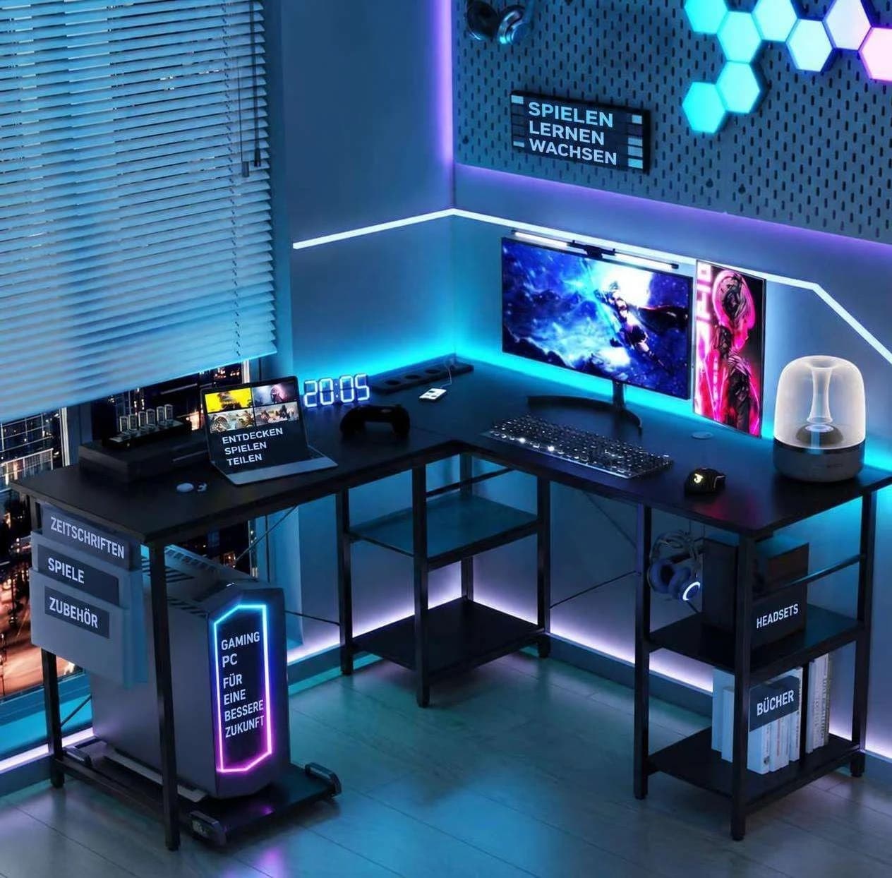 Aiorber Computertisch L-Form Schwarz mit LED und Ablage