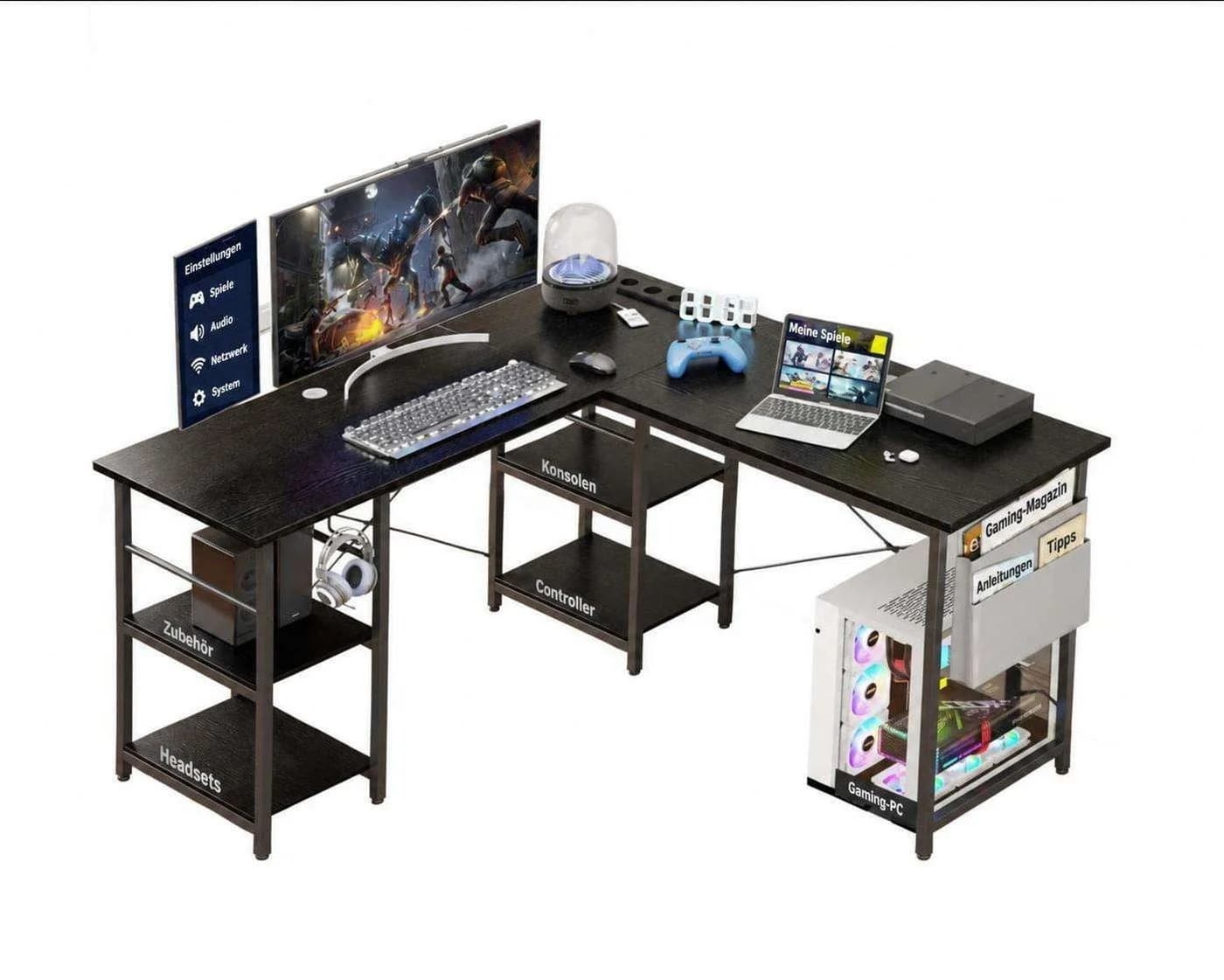 Aiorber Computertisch L-Form Schwarz mit LED und Ablage - Bild 2