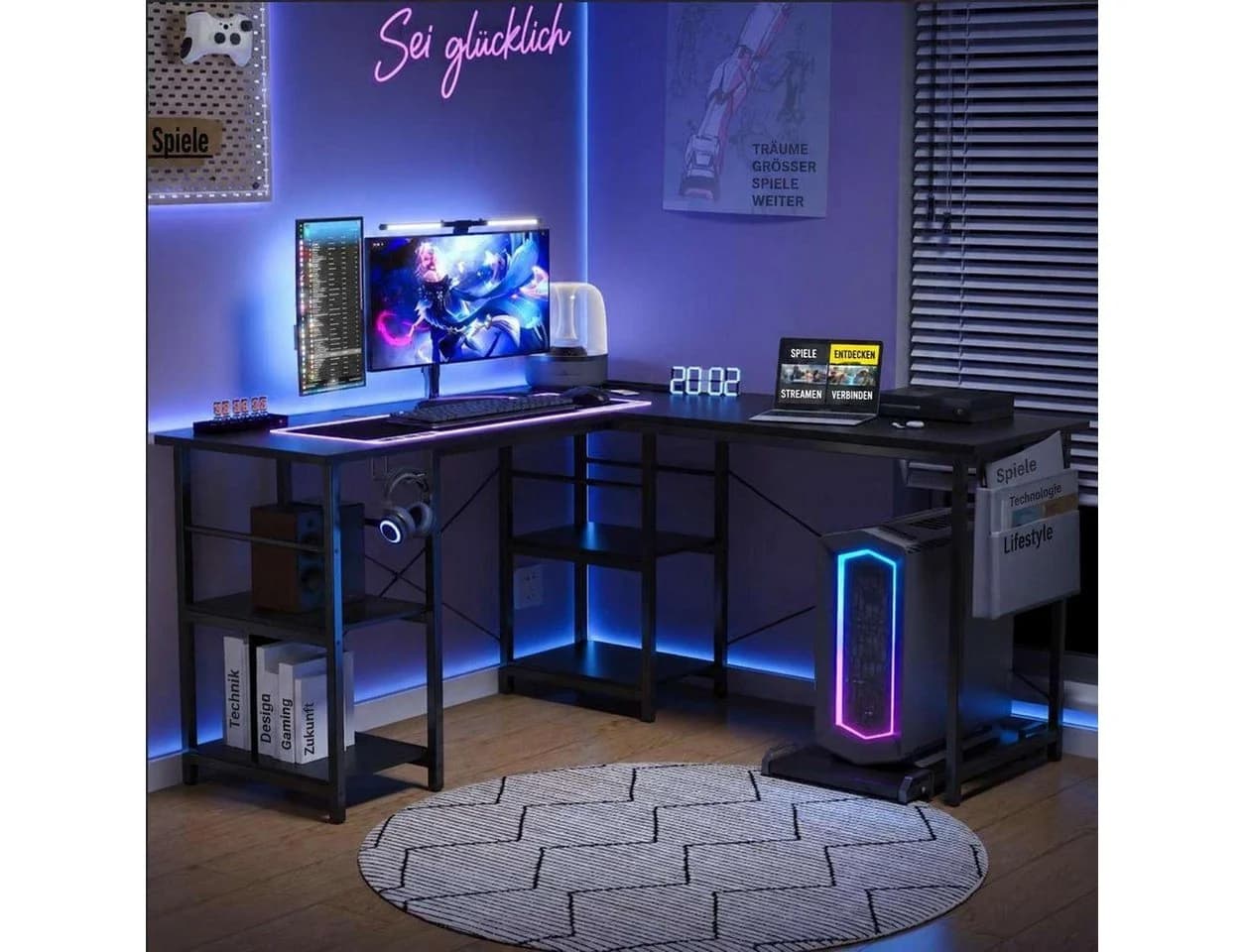 Aiorber Computertisch L-Form Schwarz mit LED und Ablage - Bild 3