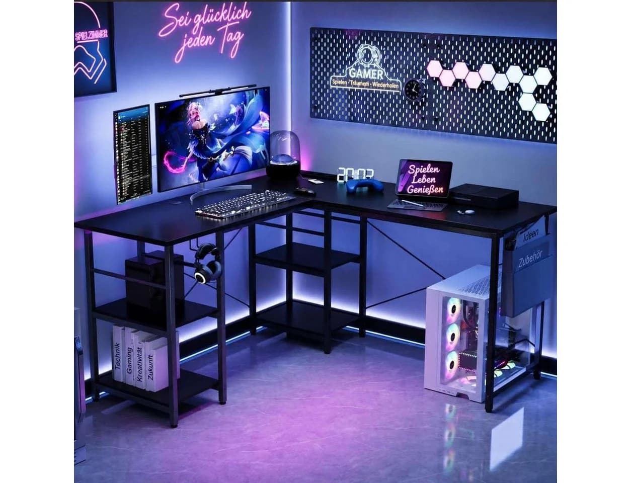 Aiorber Computertisch L-Form Schwarz mit LED und Ablage - Bild 5