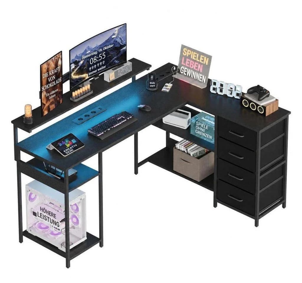 Aiorber Computertisch L-förmig Gaming Schreibtisch Schwarz mit Schubladen - Bild 2