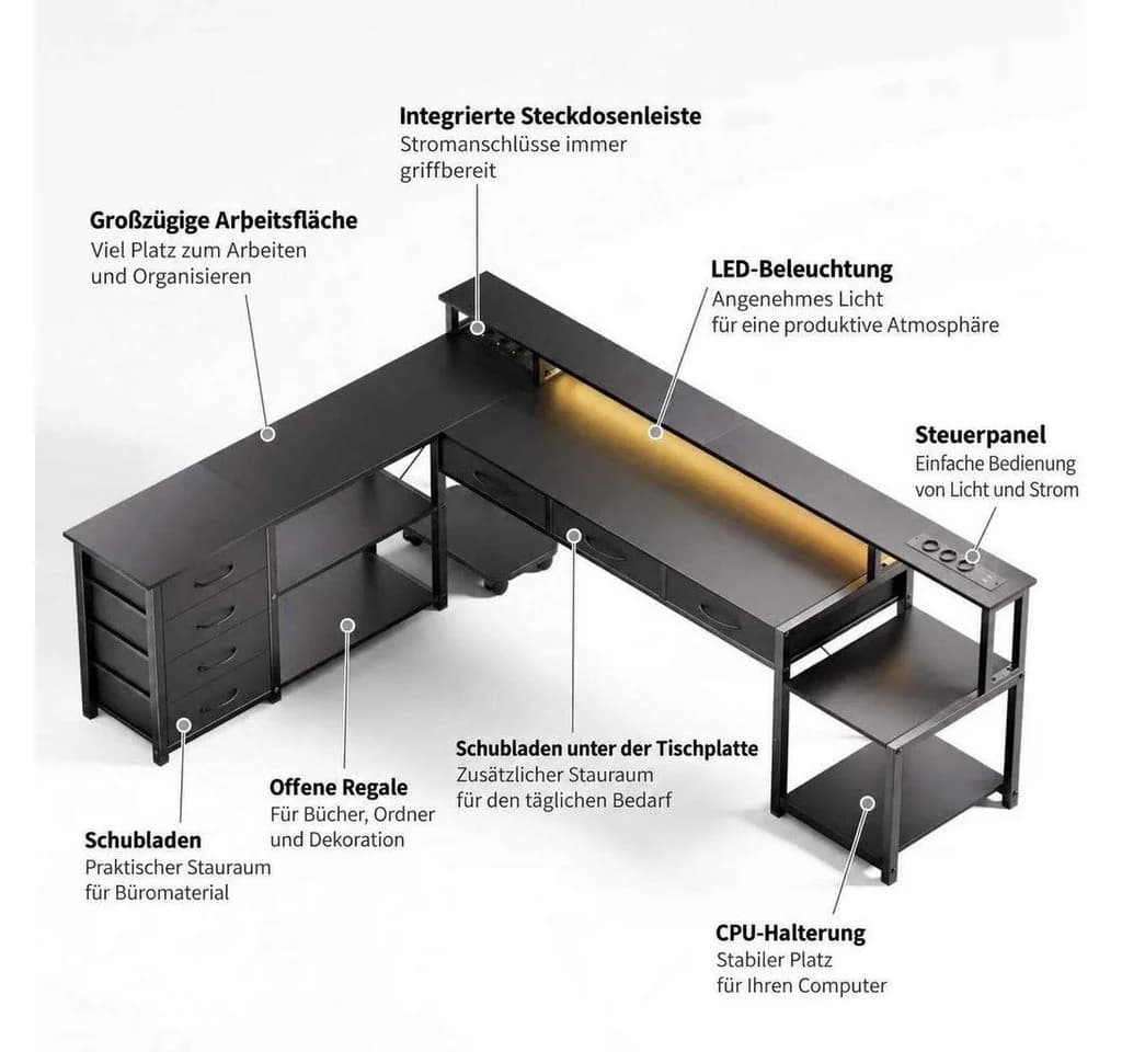 Aiorber Wendbarer L-Eckschreibtisch mit Schubladen und USB, schwarz - Bild 3