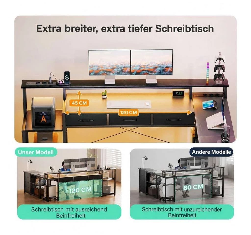 Aiorber Wendbarer L-Eckschreibtisch mit Schubladen und USB, schwarz - Bild 5