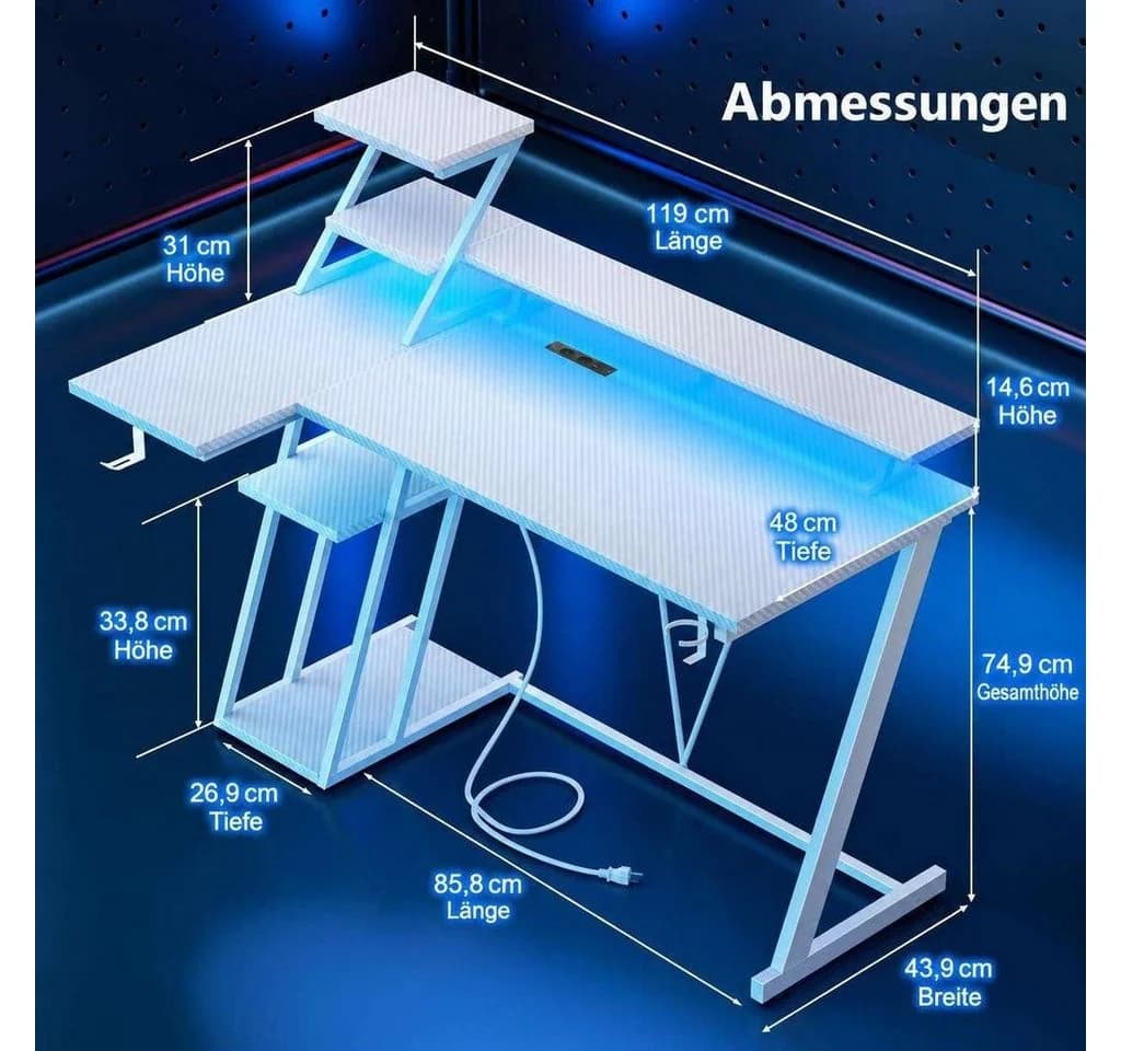 Aiorber Computertisch Gaming Tisch RGB LED Monitorablage Weiß