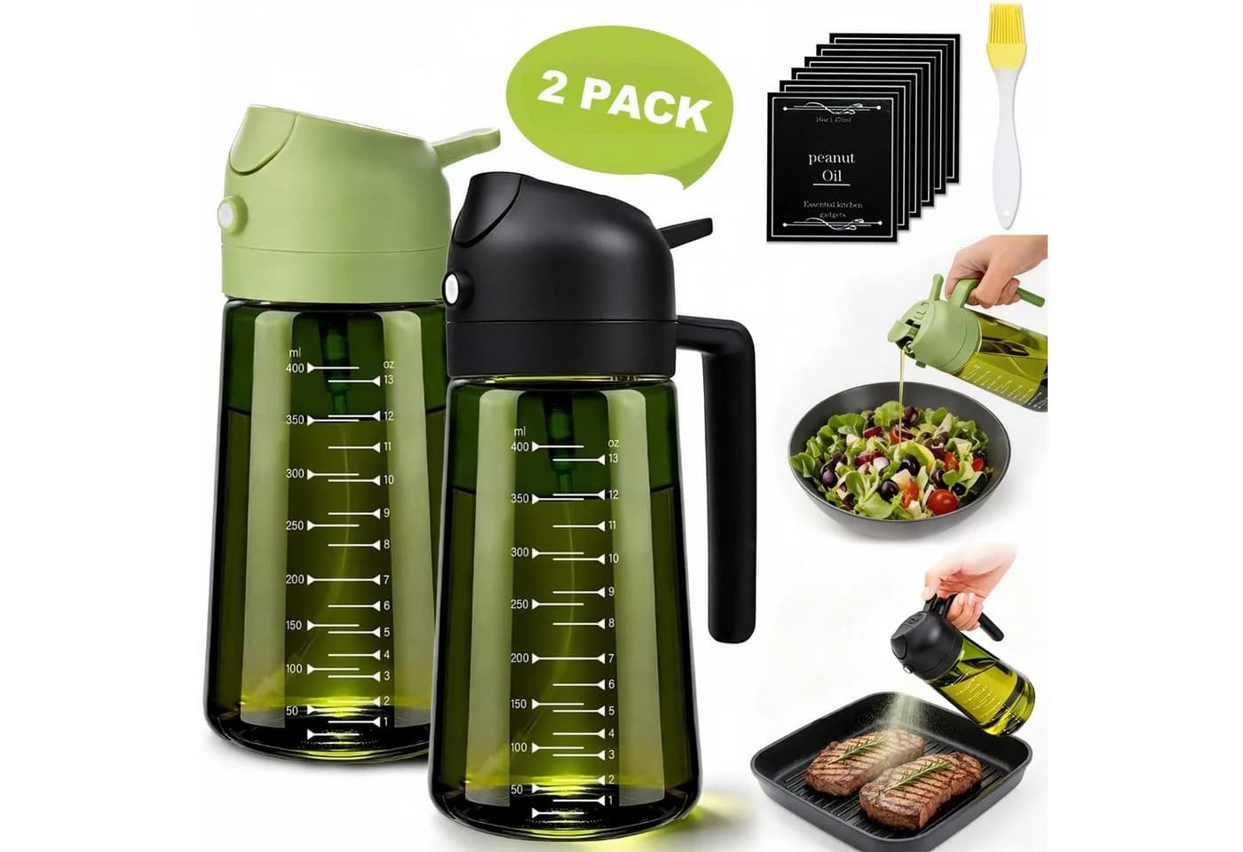 Kityhome Ölspender 2-in-1 Sprüher & Gießfunktion 470ml Glas Grün - Bild 2