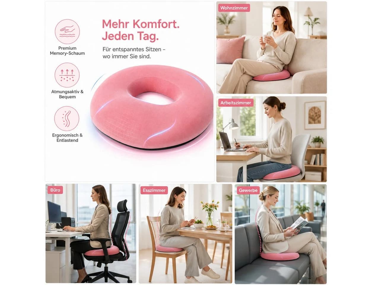 Kityhome Orthopädisches Sitzkissen Rosa Memory Foam Doppel-U-Form - Bild 4