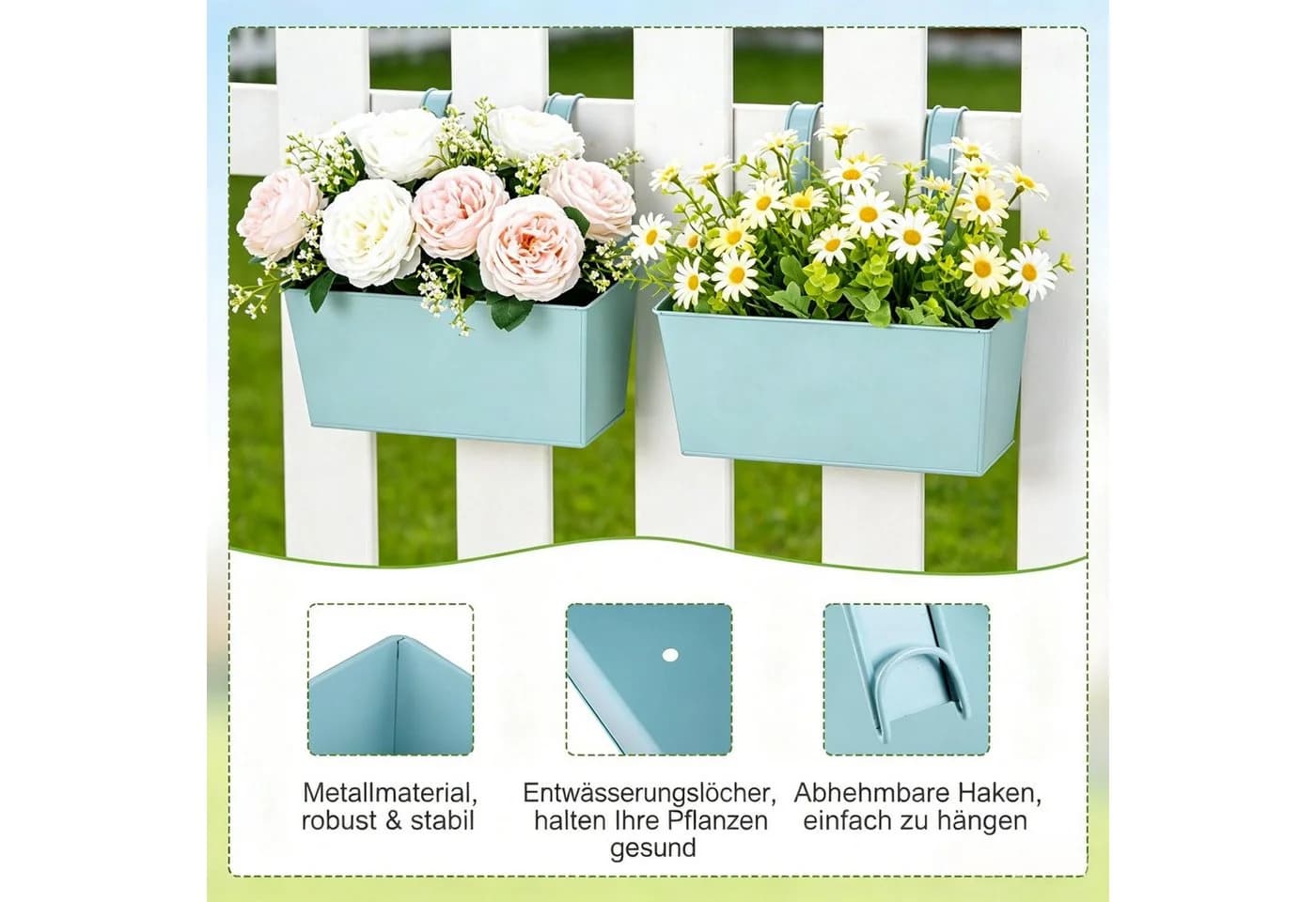 Kityhome Blumenkasten 4er Set Hellblau mit Haken