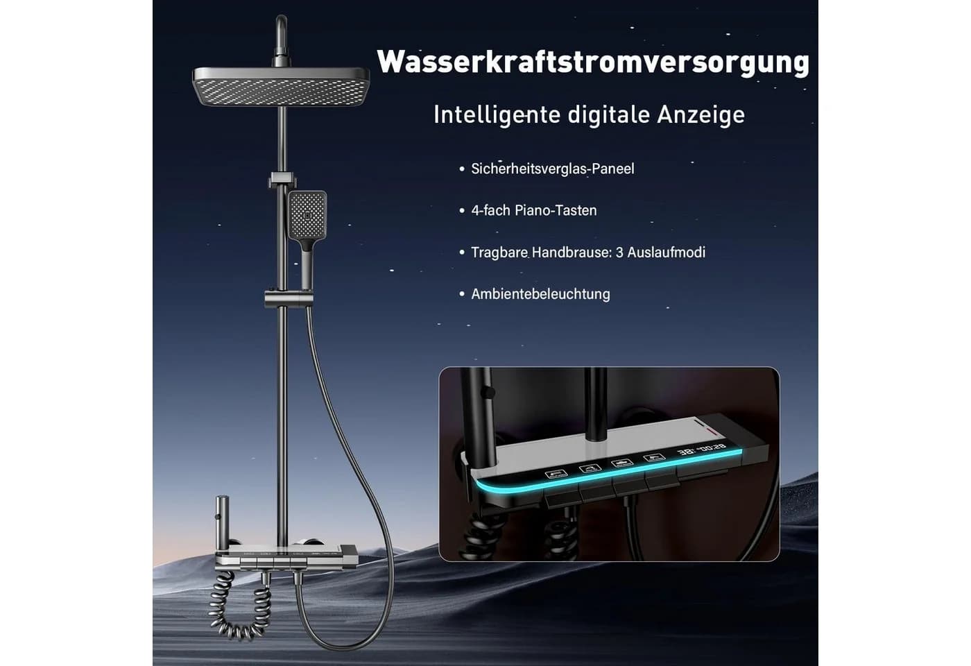 Kityhome LED-Duschsystem mit Temperaturanzeige und Regenbrause Grau - Bild 4