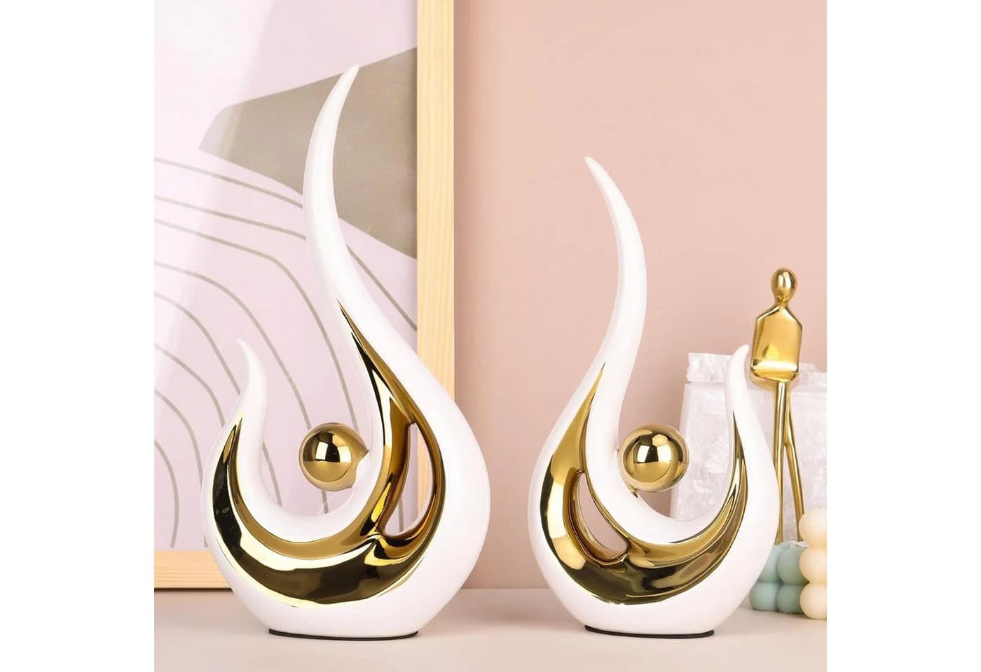 LIANNA Dekofigur Moderne abstrakte Kunst Weiß/Gold Keramik Set 2 St.