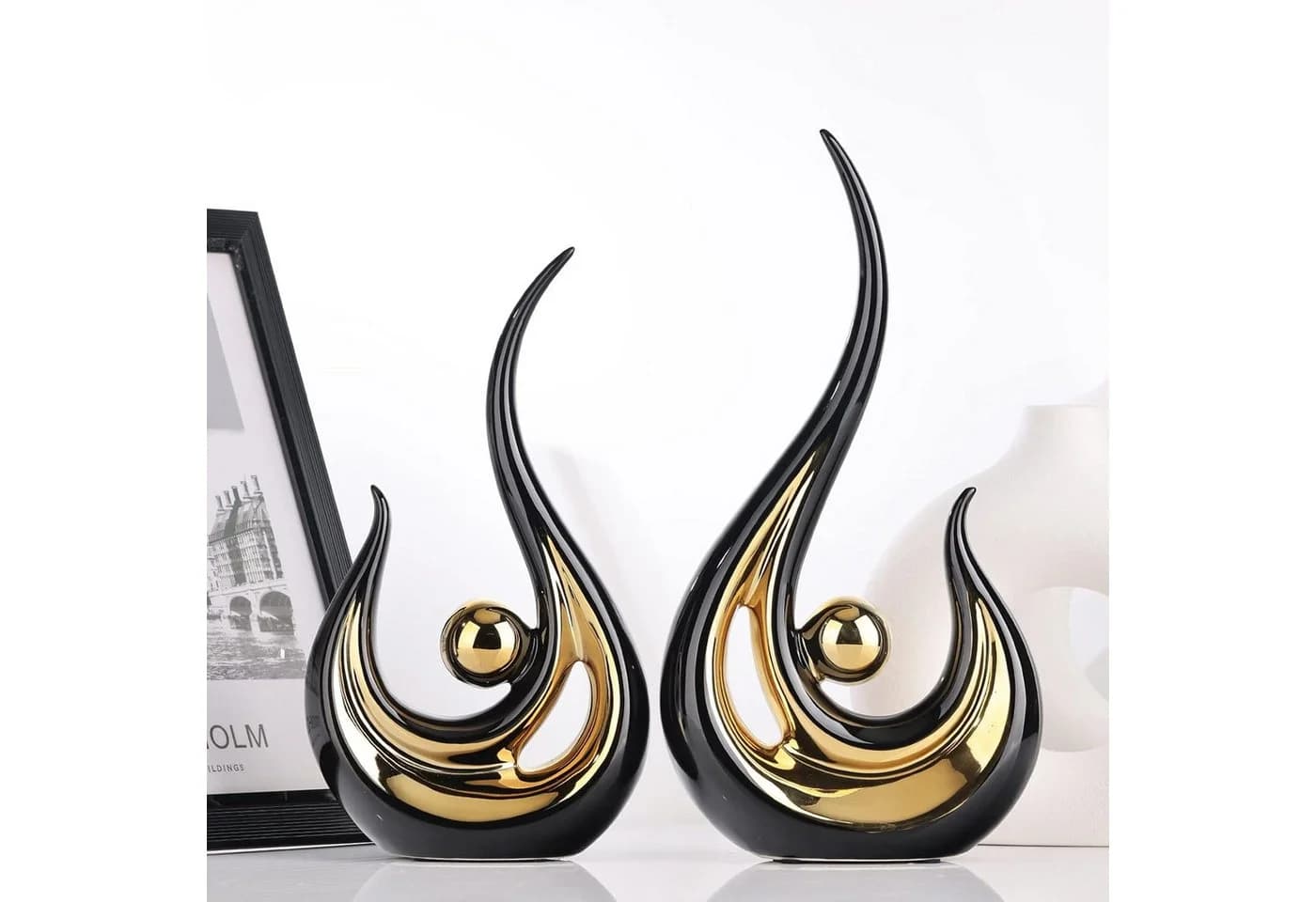 LIANNA Dekofigur Set 2 St. Abstrakte Keramik Skulptur Weiß Gold - Bild 3