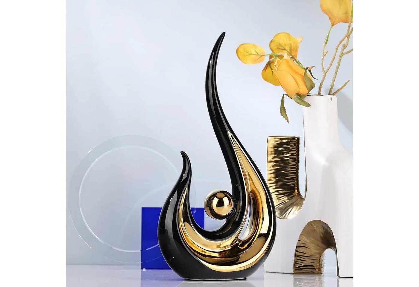 LIANNA Dekofigur Set 2 St. Abstrakte Keramik Skulptur Weiß Gold - Bild 4