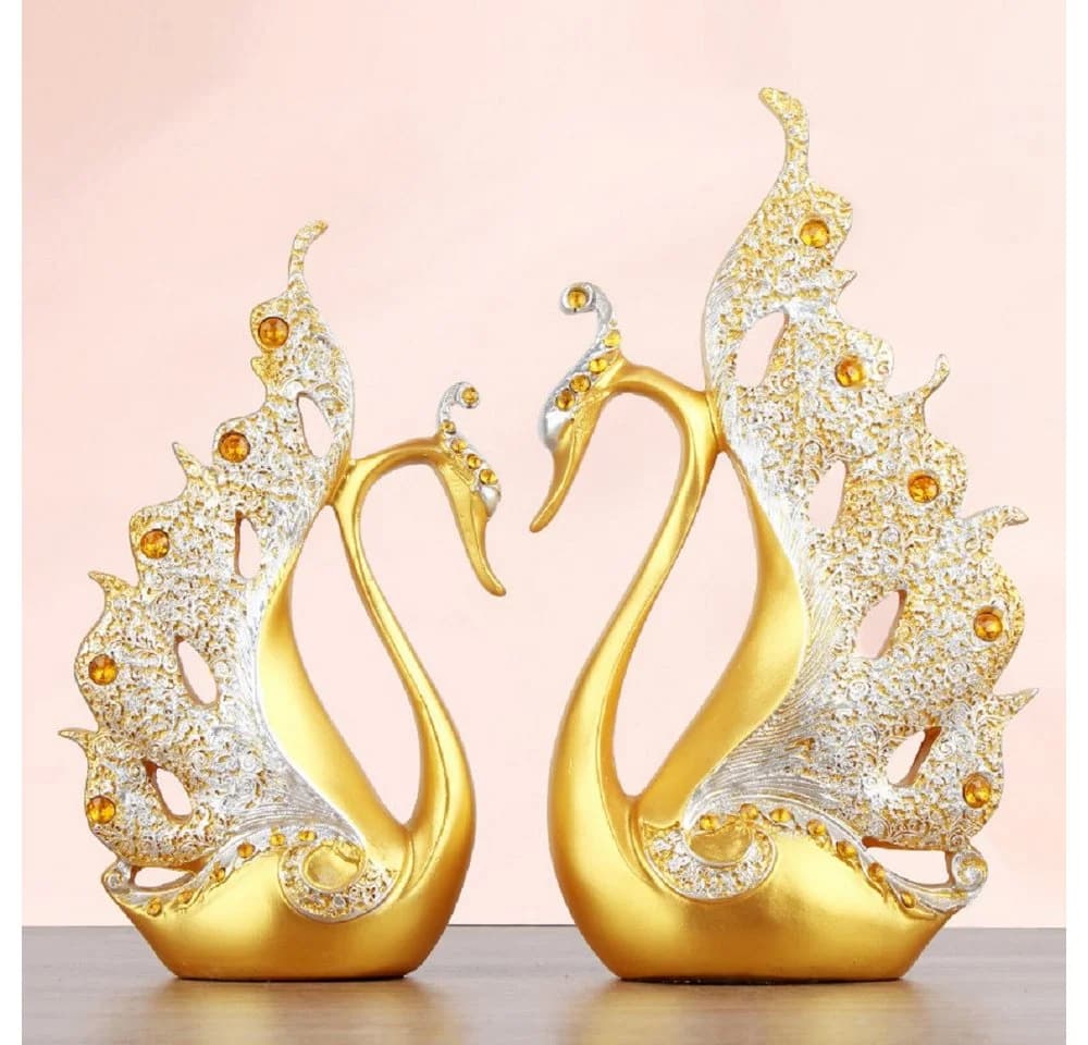 LIANNA Schwan Deko Statue Set 2 Stück Gelb/Gold Harz