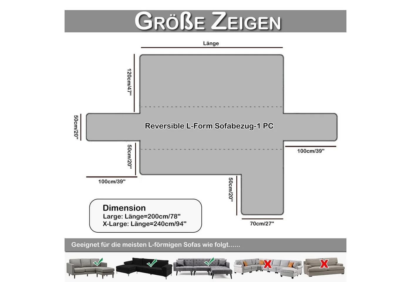 LIANNA Gesteppter Sofahusse Wasserabweisend Wendbar für L-Sofa