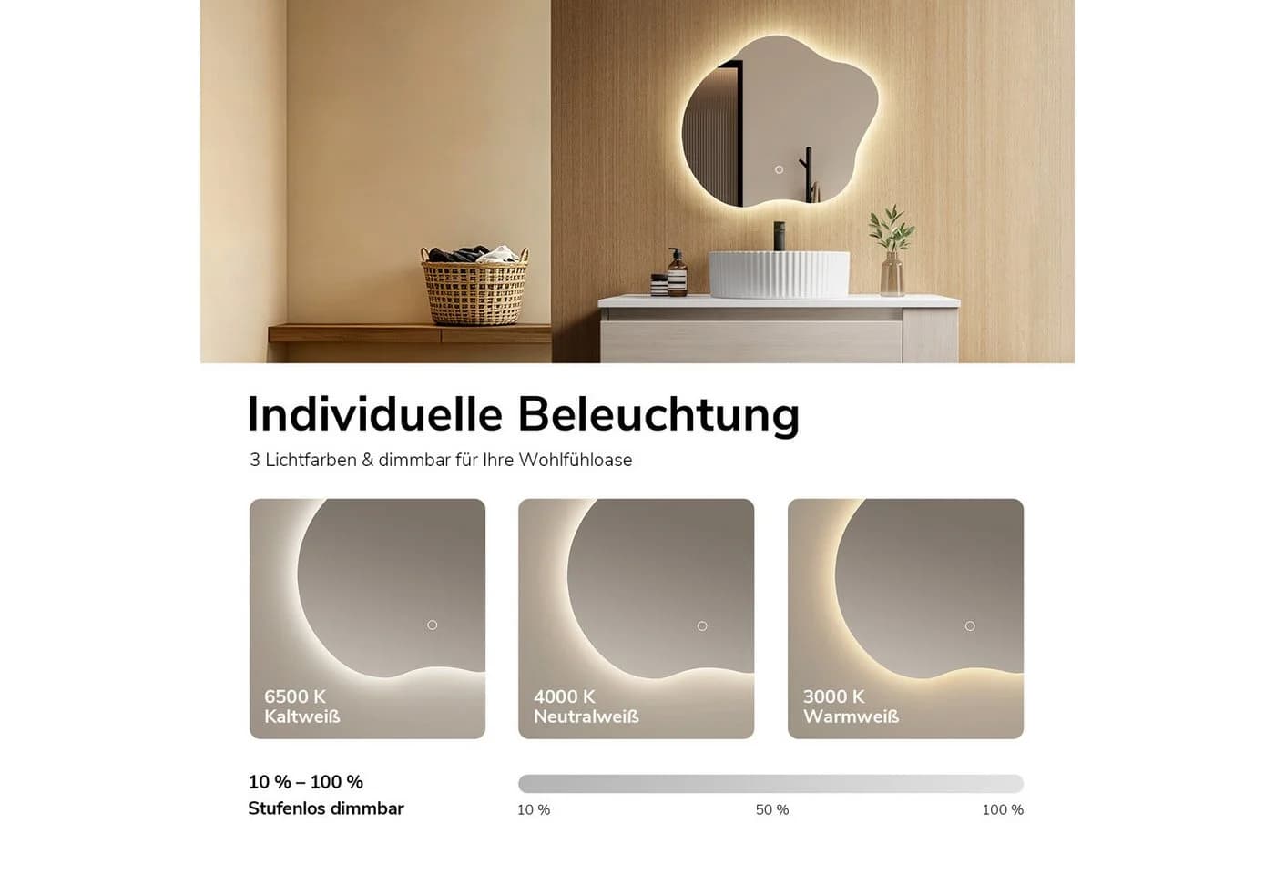 EMKE LED Badspiegel mit Beleuchtung, Antibeschlag, 3 Lichtfarben