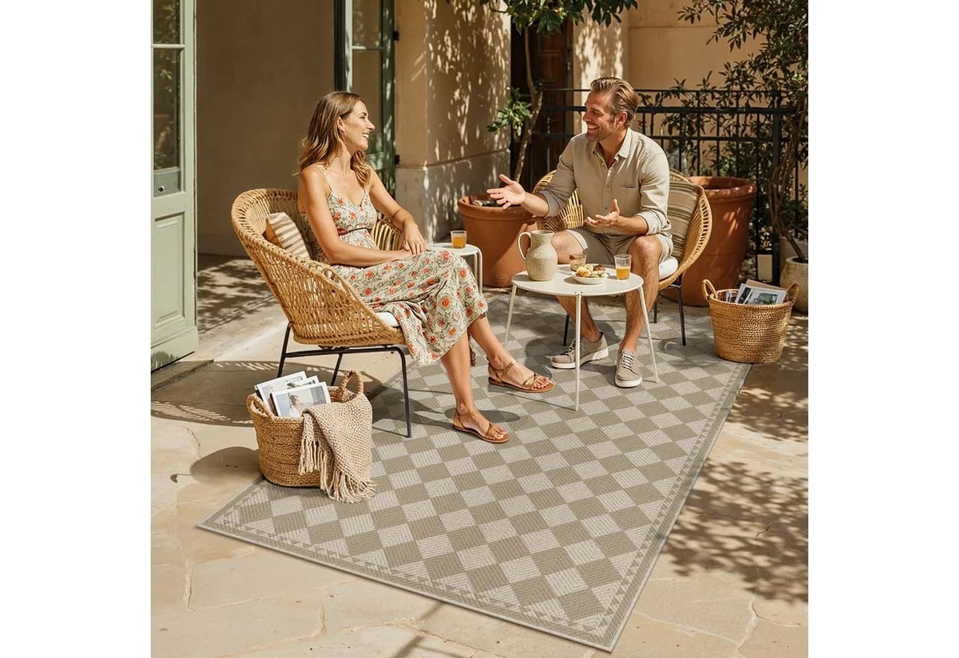 PURECOZY Juteteppich Karomuster Beige Grau Braun 180x120cm