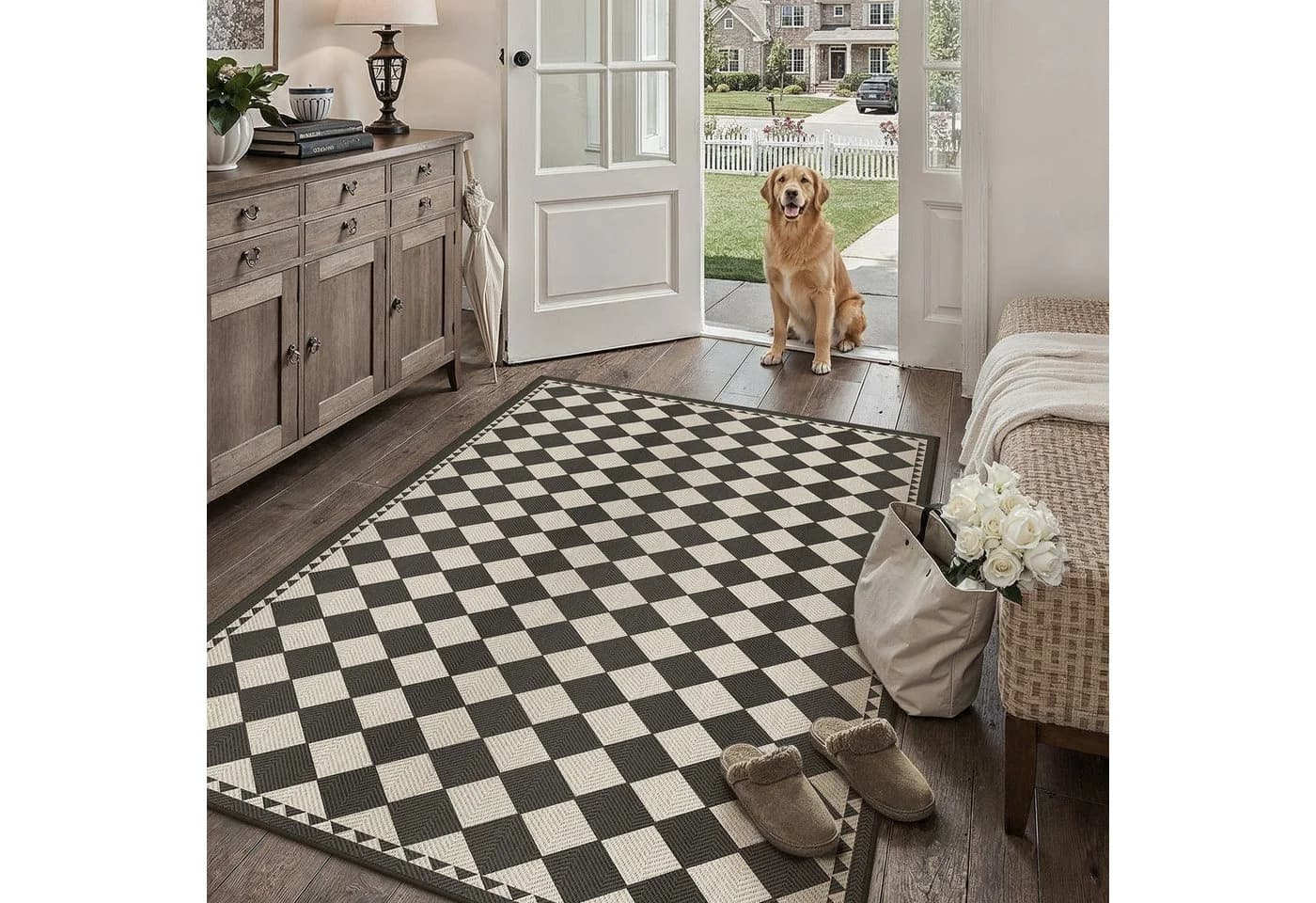 PURECOZY Juteteppich Karomuster Beige Grau Braun 180x120cm