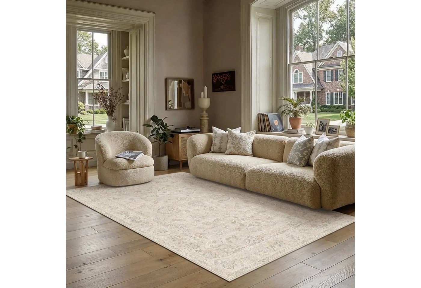 PURECOZY Teppich Kurzflor Beige rutschfest waschbar