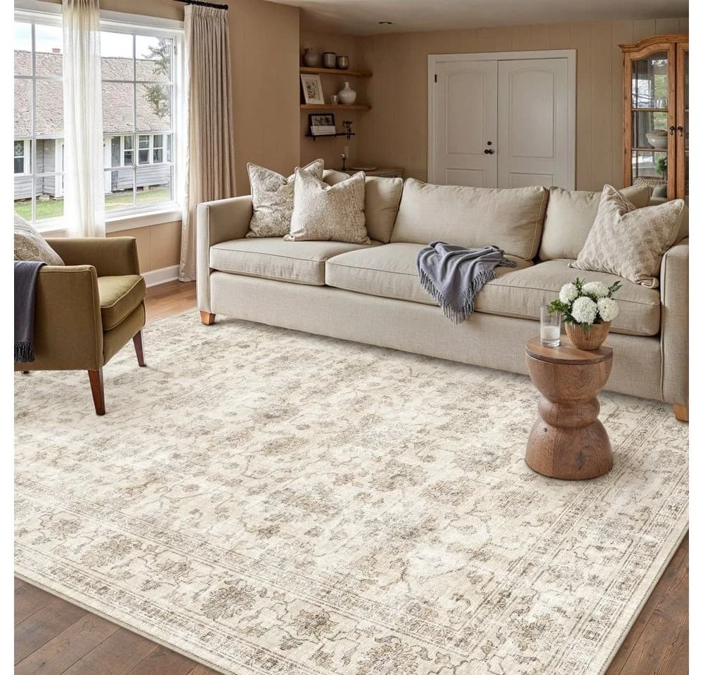 PURECOZY Perserteppich Beige Kurzflor waschbar rutschfest