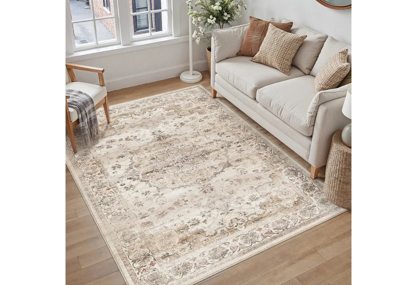 PURECOZY Teppich Kurzflor Retro-Design Beige Grau Braun