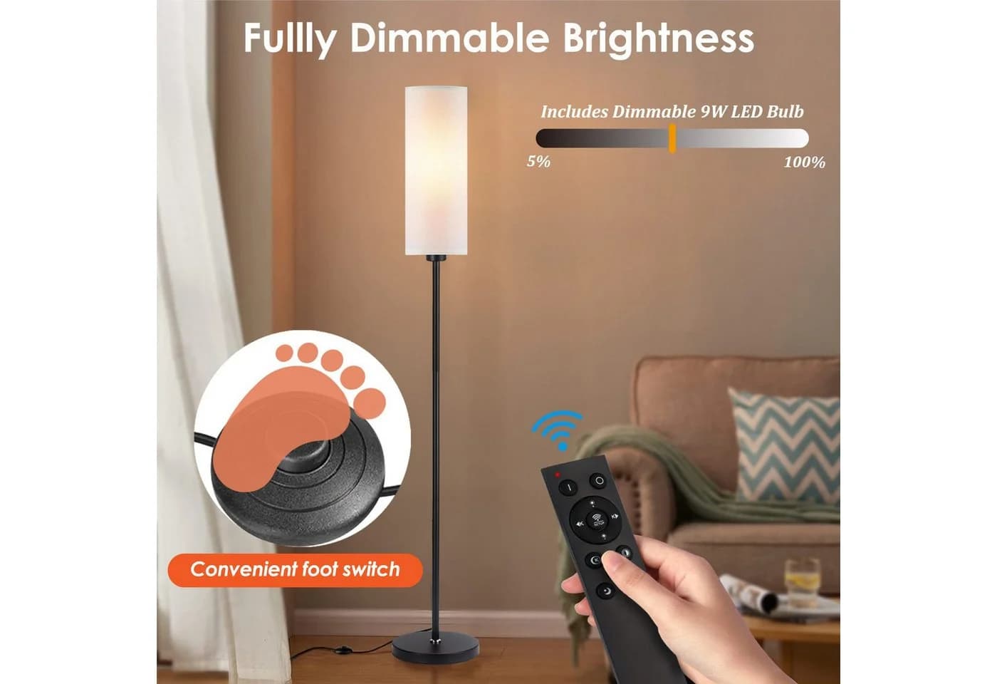 Ophy Stehlampe Modern Dimmbar mit Fernbedienung & Fußschalter Schwarz/Weiß - Bild 5