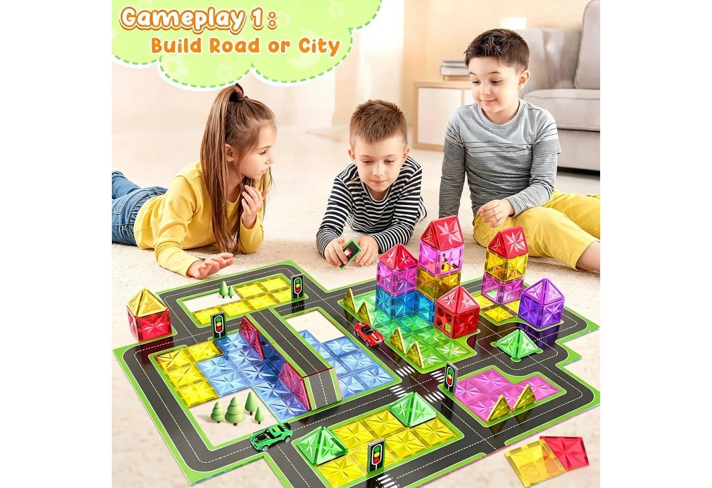 Ophy 72-teiliges Magnetbausteine-Set mit 2 Autos und Straßen