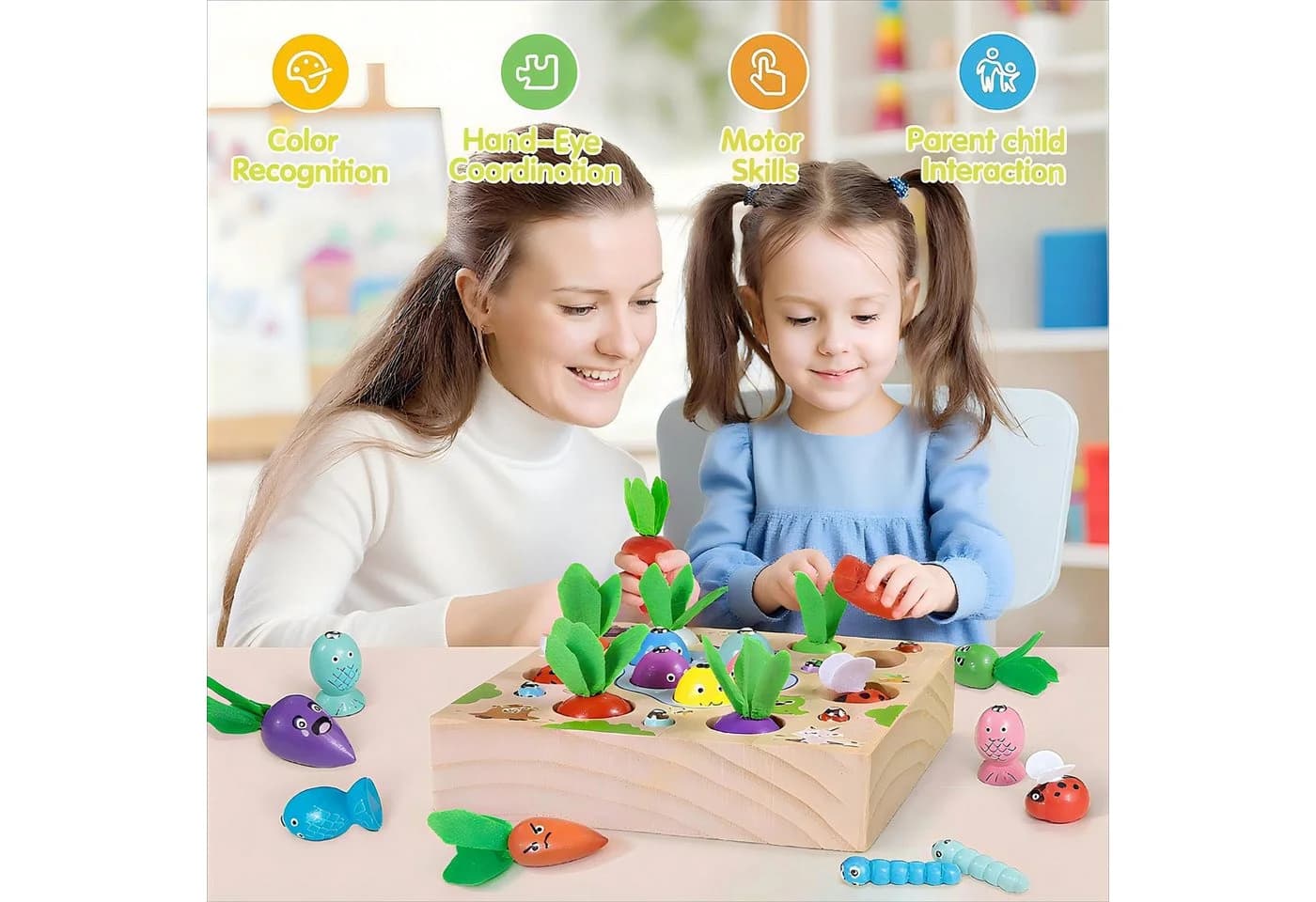 Ophy Montessori Lernspielzeug aus Holz – Karotten-Steckspiel & Angelspiel