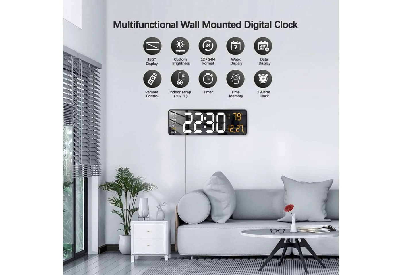 Ophy Digitale Wanduhr 40,6 cm mit Fernbedienung LED Display Schwarz - Bild 4