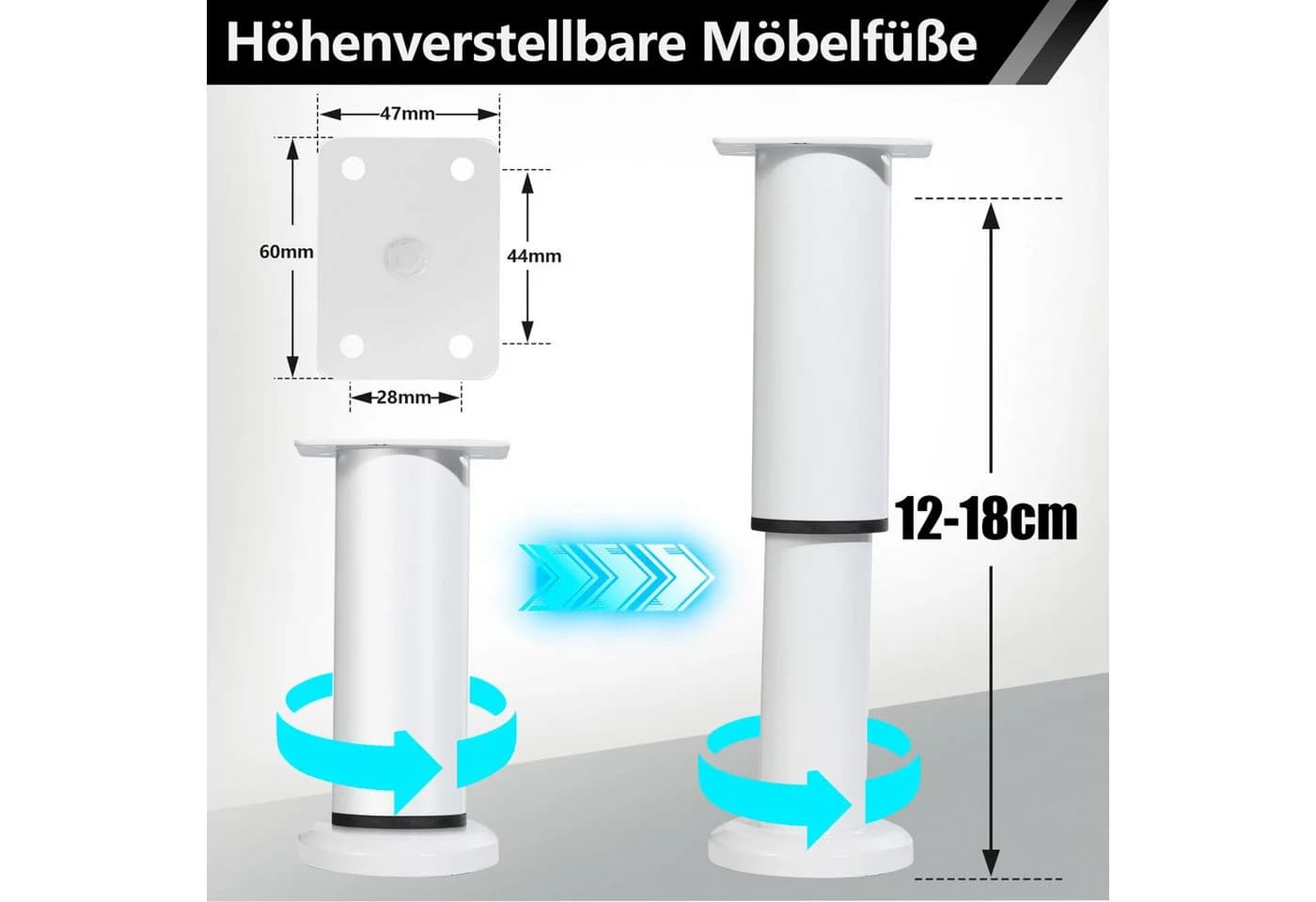 Clanmacy Möbelfuß 4X Möbelfüße 12-18cm Dehnbar Weiß Verstellbar Hotel Sockelfüße