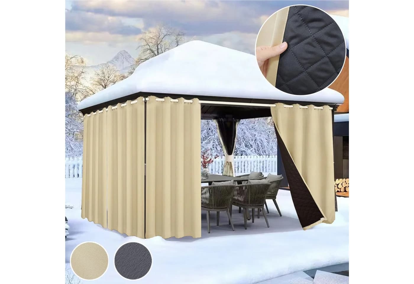 Rosnek Outdoorvorhang Gesteppt Beige/Grau Verdunkelung Wasserdicht