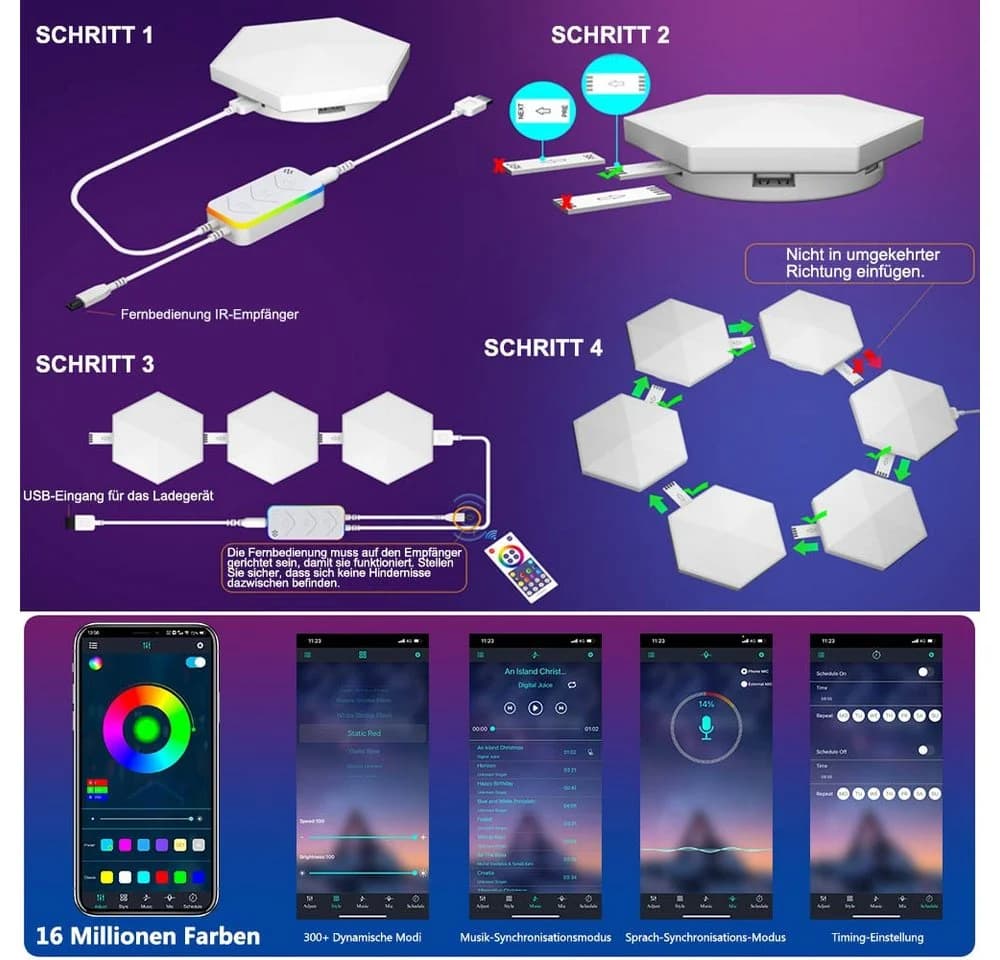 Jibenhome LED Hexagon Panel RGB Musik Sync Smart Wandleuchte Weiß - Bild 5