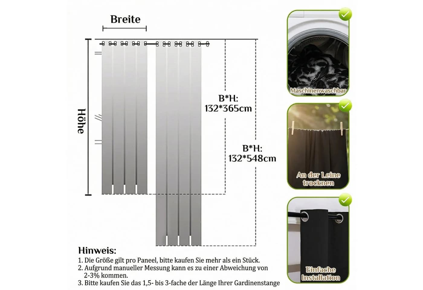 Jibenhome Verdunkelungsvorhang Extra lang mit Ösen Schwarz - Bild 4