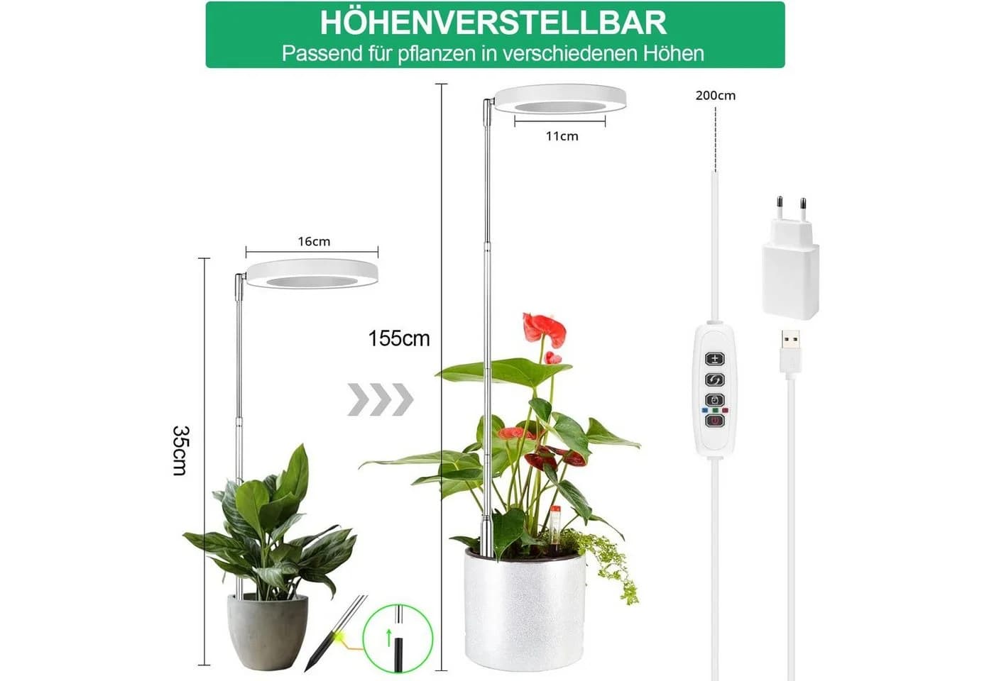 Jibenhome Pflanzenlampe LED Vollspektrum mit Zeitschaltuhr und Höhenverstellung - Bild 3