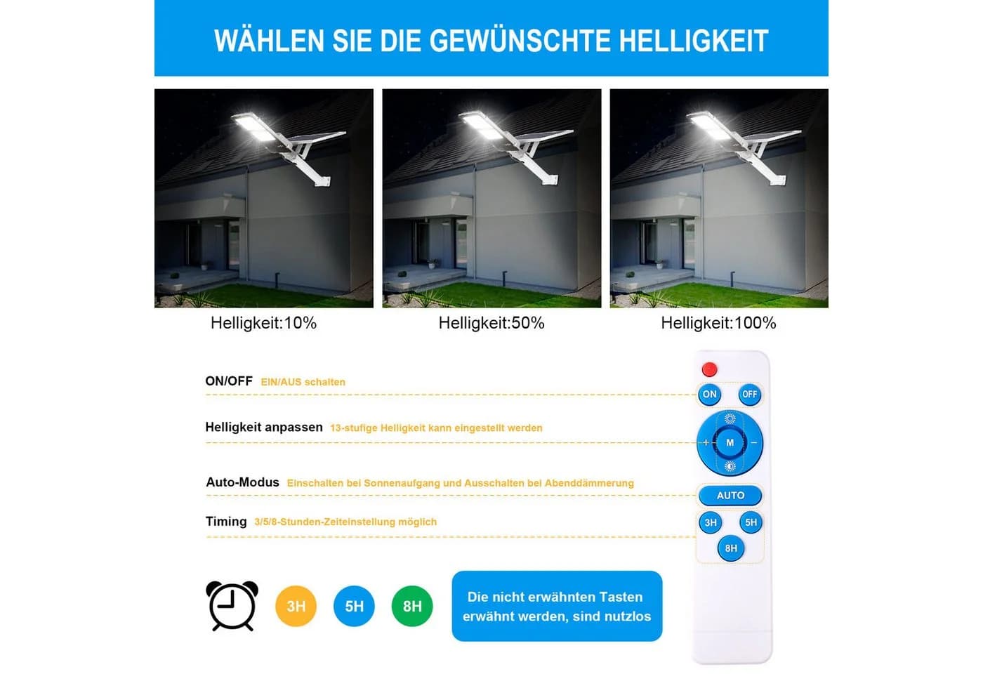 Sunicol LED Solarleuchte mit Daemmerungssensor und Fernbedienung, 6500K Kaltweiss, IP65 - Bild 5
