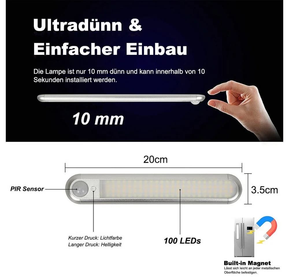 Sunicol LED Schrankleuchte mit Bewegungsmelder, silber, dimmbar & USB-aufladbar