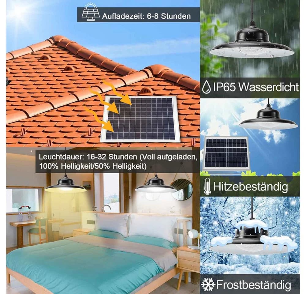 Sunicol LED Solar Hängelampe mit Fernbedienung, IP65, Dimmbar, 3000K-5000K - Bild 3