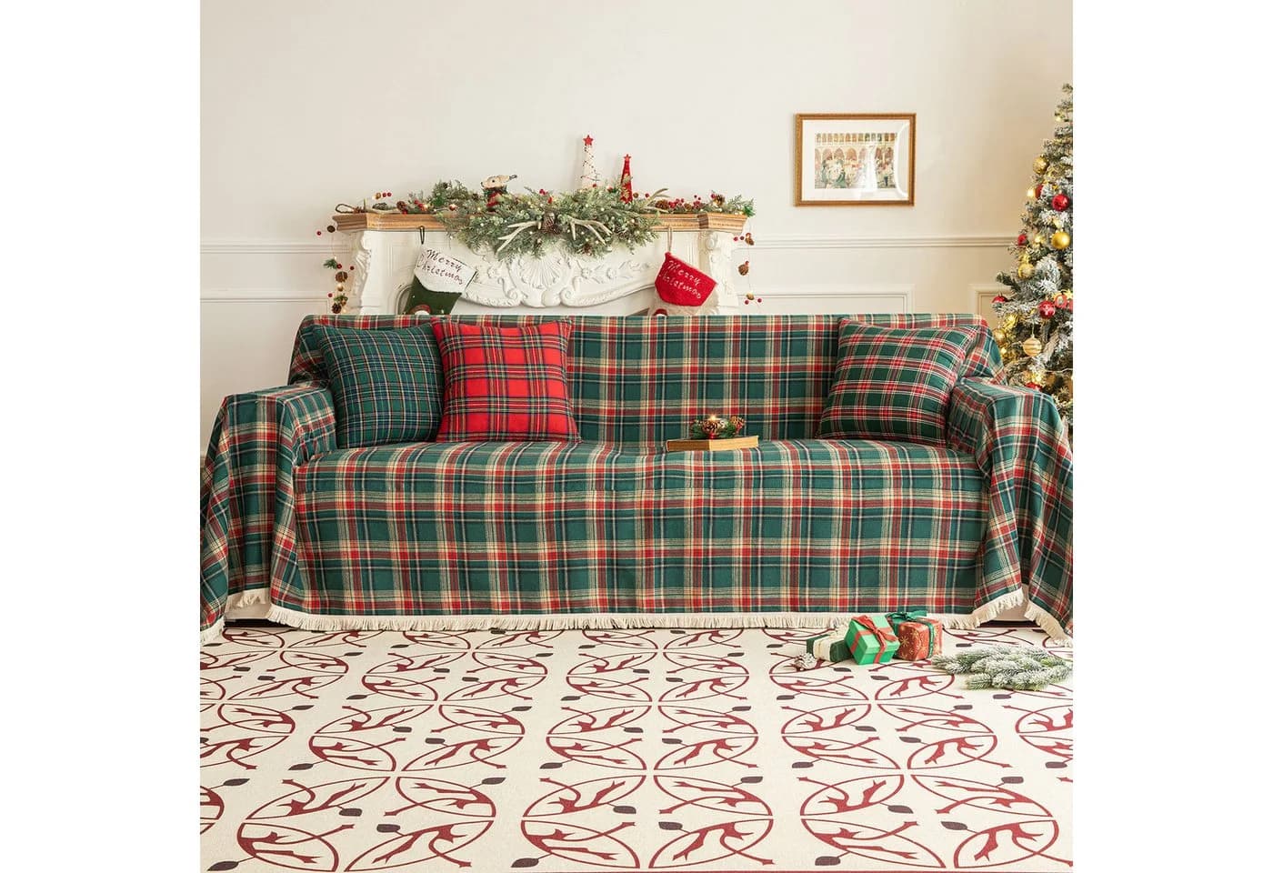 Sunicol Sofabezug Plaid Grün mit Quasten