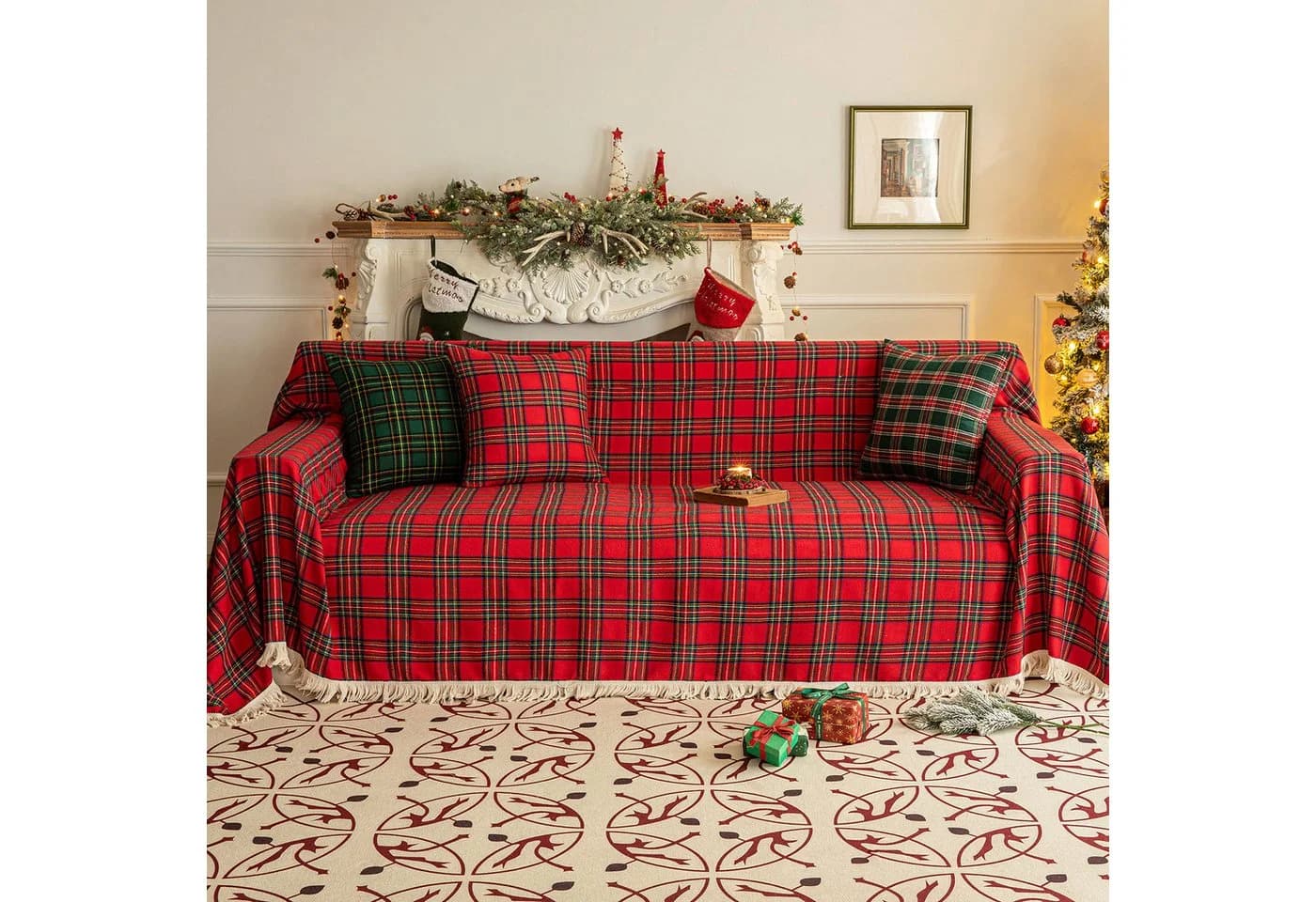 Sunicol Sofabezug Plaid Sofa Überwurfdecke mit Quasten, Schutzhülle für Weihnachten Deko