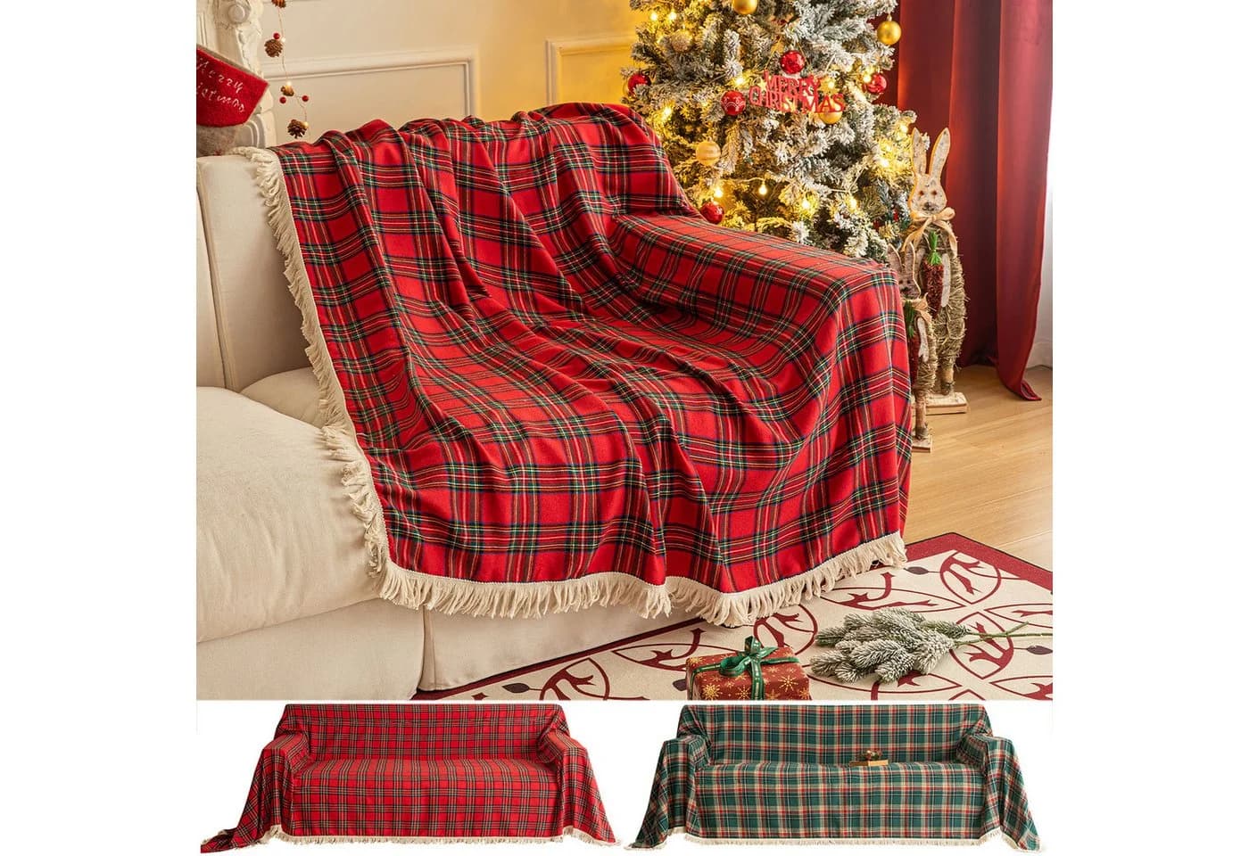 Sunicol Sofabezug Plaid Sofa Überwurfdecke mit Quasten, Schutzhülle für Weihnachten Deko - Bild 2