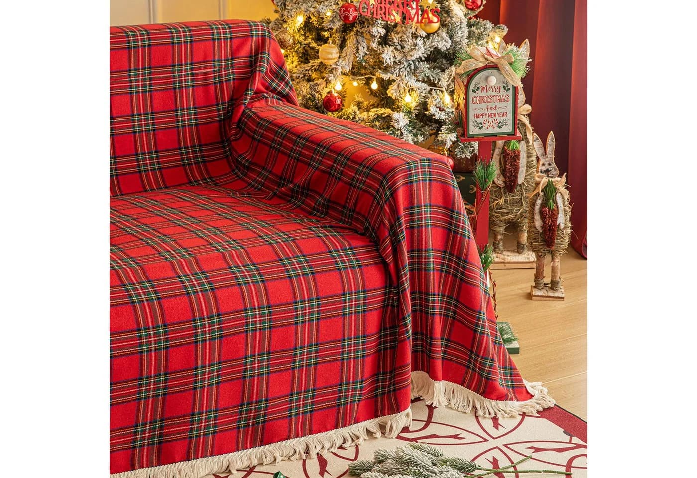 Sunicol Sofabezug Plaid Sofa Überwurfdecke mit Quasten, Schutzhülle für Weihnachten Deko - Bild 5