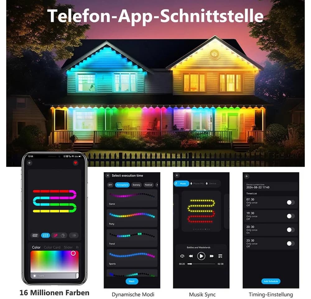 Sunicol LED Stripe Smart RGBIC Wasserdicht Permanente Außenbeleuchtung, 15M/30M/45M, Musik Sync, Timer, APP & Fernsteuerung - Bild 4
