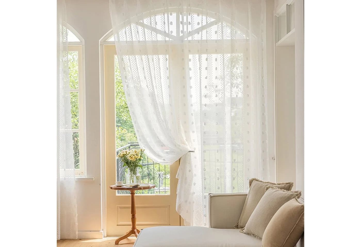 Jibenhome Gardine Sheer Voile Vorhänge mit Pompon für Schlafzimmer Wohnzimmer (2 St)