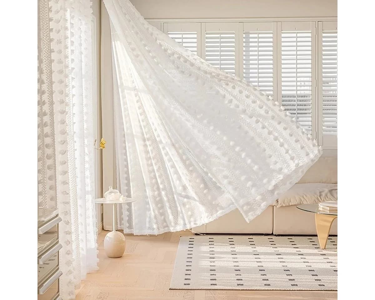 Jibenhome Gardine Sheer Voile Vorhänge mit Pompon für Schlafzimmer Wohnzimmer (2 St) - Bild 2