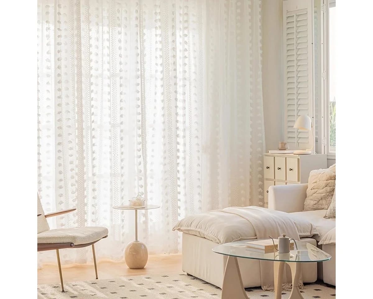 Jibenhome Gardine Sheer Voile Vorhänge mit Pompon für Schlafzimmer Wohnzimmer (2 St) - Bild 3