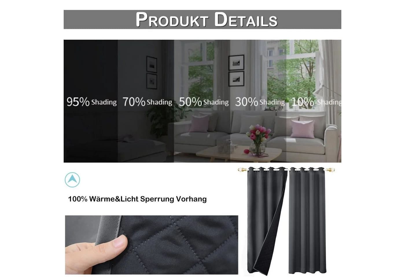Jibenhome Vorhang Schlafzimmer Blickdicht Thermogardinen Grau 2 St - Bild 3