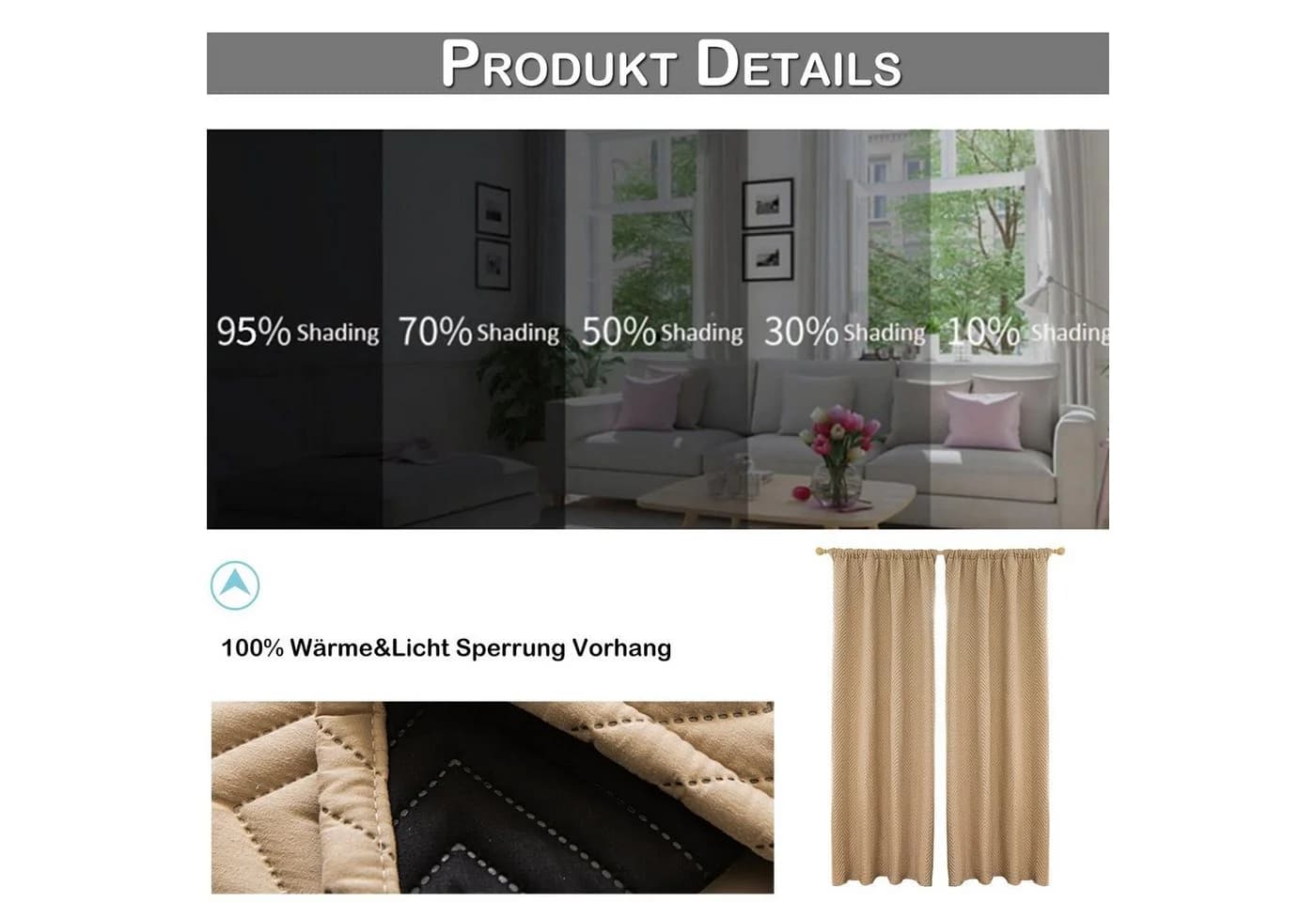 Sunicol Verdunkelungsvorhang 2er Set Thermo Kräuselband Beige