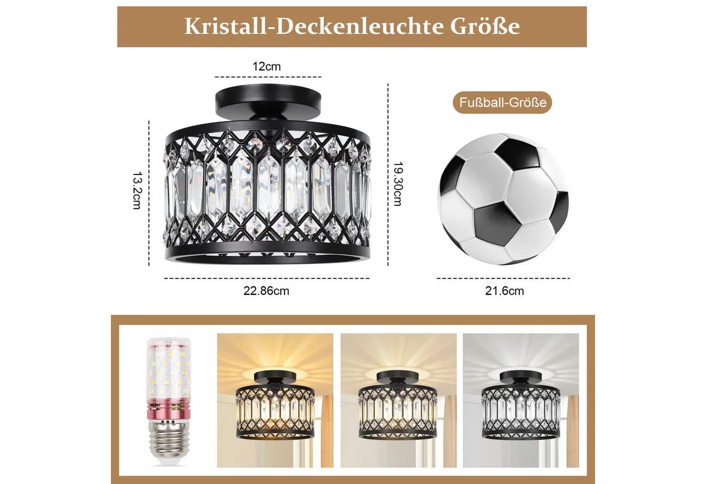 Sunicol Kristall Deckenleuchte Schwarz 3 Farbtemperaturen Dimmbar E27