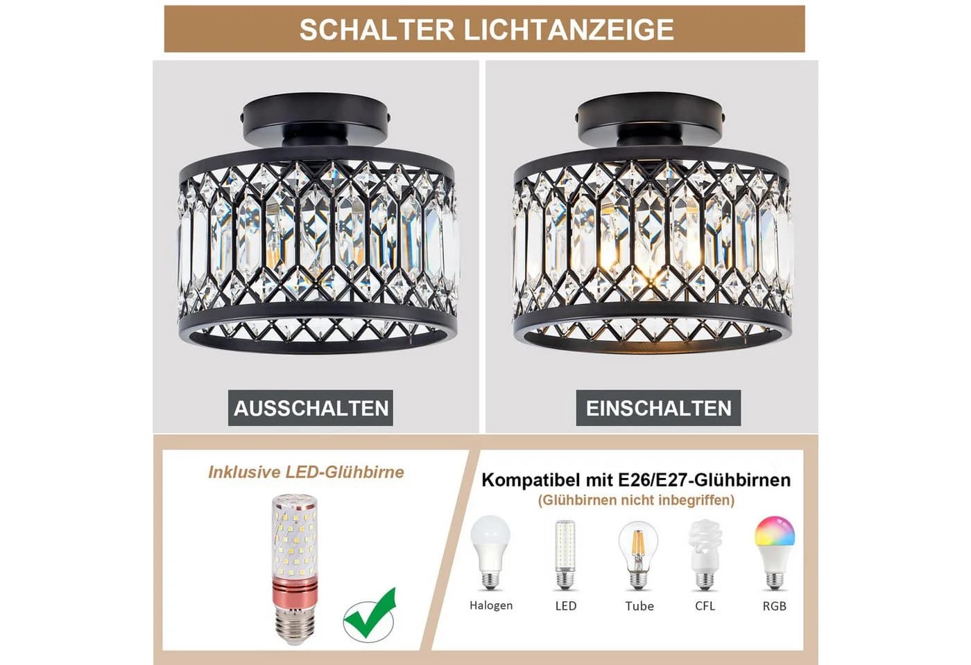 Sunicol Kristall Deckenleuchte Schwarz 3 Farbtemperaturen Dimmbar E27 - Bild 4
