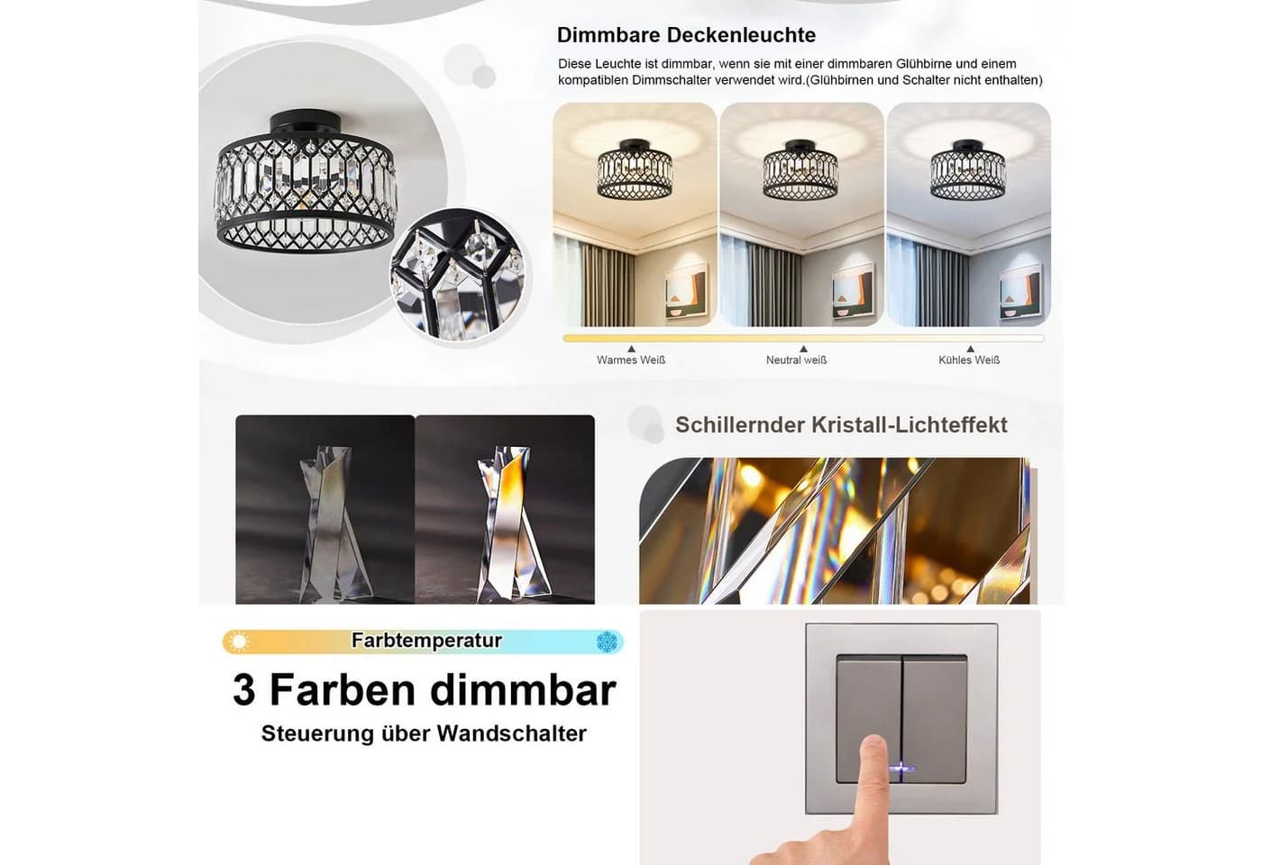 Sunicol Kristall Deckenleuchte Schwarz 3 Farbtemperaturen Dimmbar E27 - Bild 5